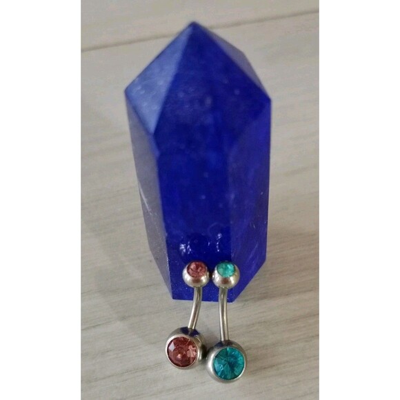 Lot of 2 Surgical Steel Silver Blue & Amber Crystal Belly Ring 16 Gauge Boho - Picture 1 of 3